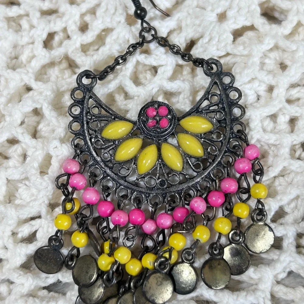 Dangle Hook Chandelier Earrings Boho Filigree Bead Pink Yellow Black Drop